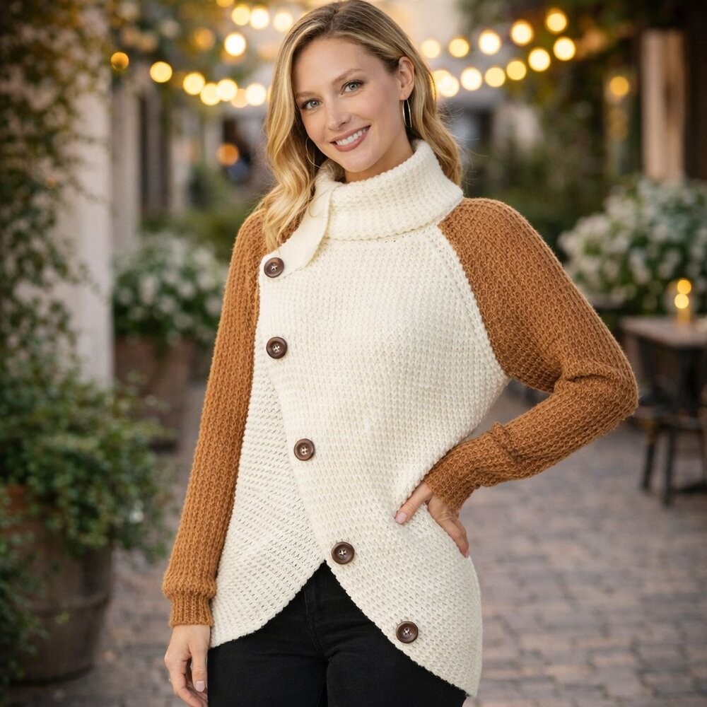Turtleneck Sweater Wrap Style Asymmetrical Hem